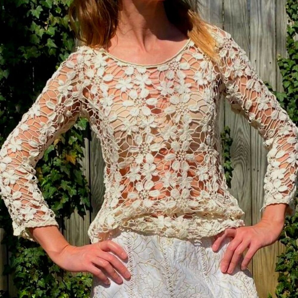Women's Lace Top Cream White Shirt Romantic Cotton Dainty S